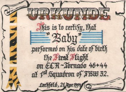Certificate of Tigerbabys first flight