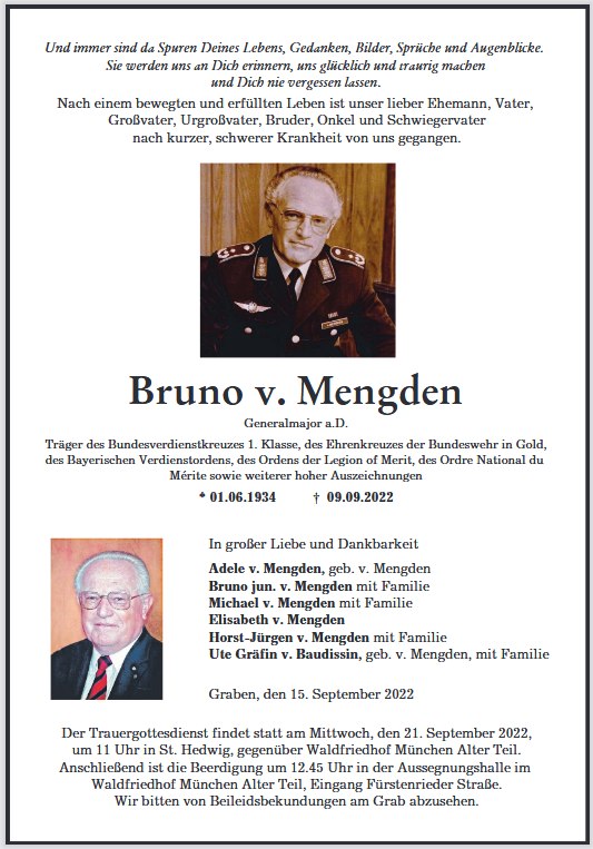 Traueranzeige ehemaliger Staffelkapitän Hauptmann (Brigadegeneral a.D.) Bruno von Mengden