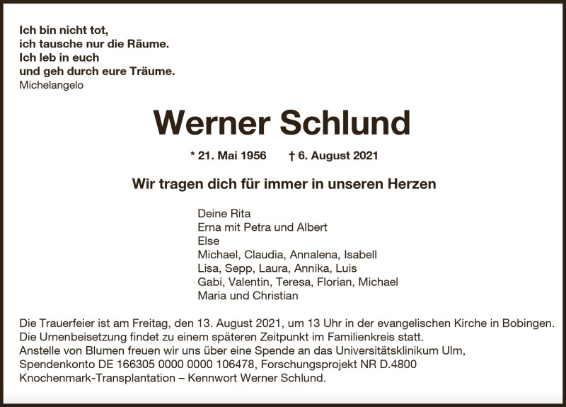 Traueranzeige Werner Schlund